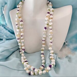 36” freshwater Pearl-citrine-topaz-amythyst-peridot rope necklace Sterling clasp